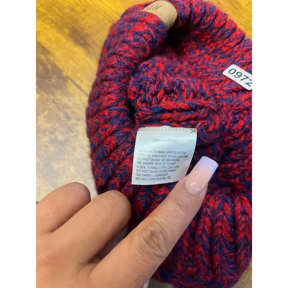 NWOT Furtalk women knit beanie hat with ponytail opening red purple 0972 - Picture 6 of 7